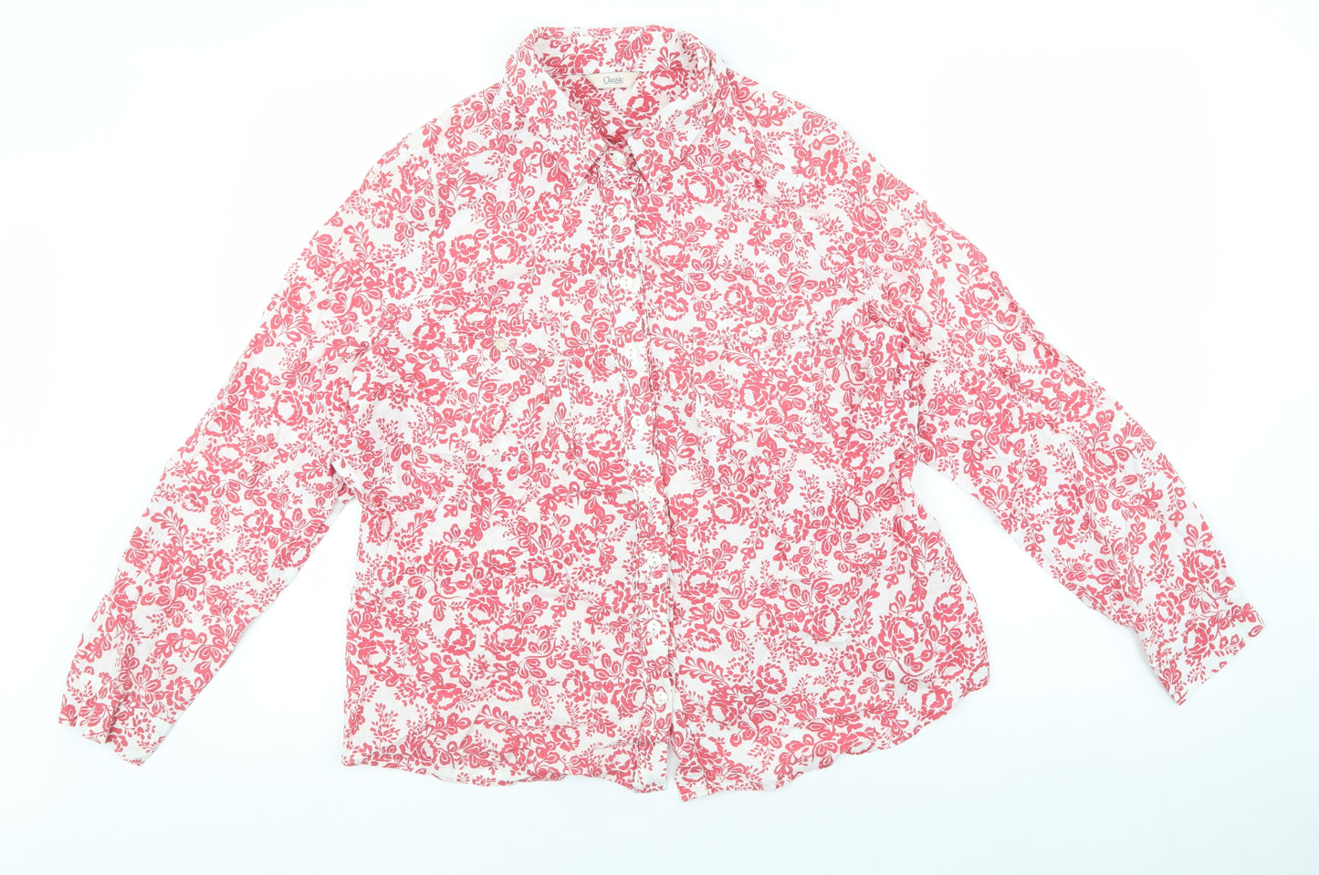 Marks and Spencer Womens White Floral 100% Cotton Basic Blouse Size 18 Collared - White, pockets
