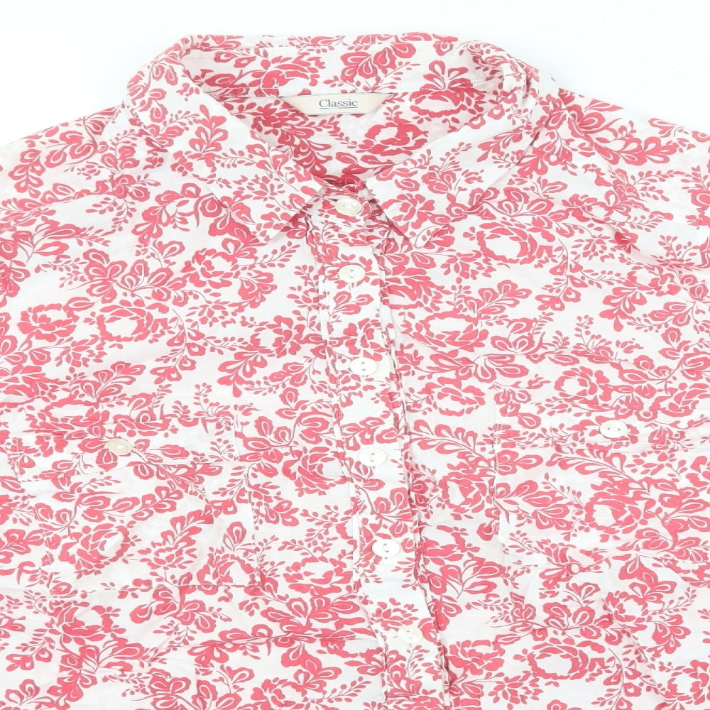 Marks and Spencer Womens White Floral 100% Cotton Basic Blouse Size 18 Collared - White, pockets