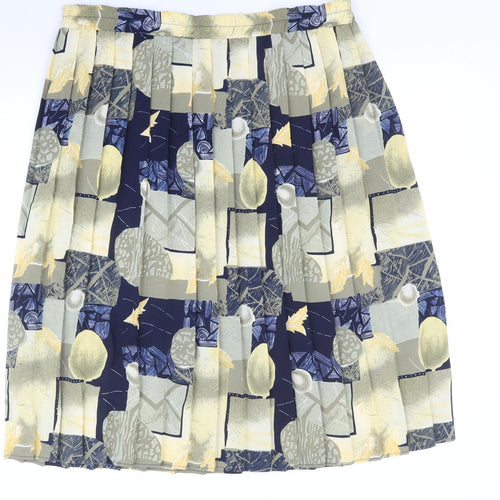 Preworn Womens Multicoloured Geometric Polyester Pleated Skirt Size L - Lemons, Leaves.