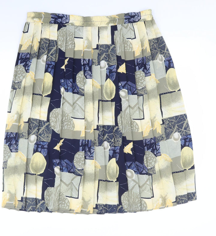 Preworn Womens Multicoloured Geometric Polyester Pleated Skirt Size L - Lemons, Leaves.