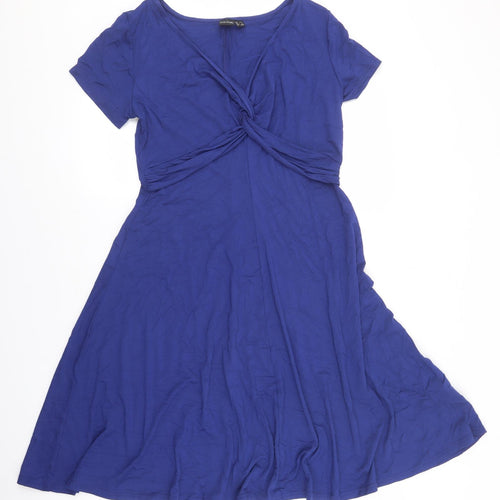 Body Flirt Womens Blue Viscose Skater Dress Size M V-Neck Pullover - Knot front