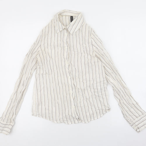 Divided Womens Ivory Striped 100% Cotton Basic Button-Up Size 2XS Collared