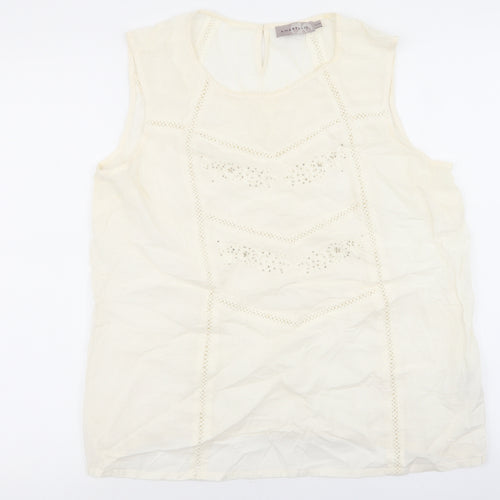 Amaryllis Womens Ivory 100% Cotton Basic Tank Size 14 Round Neck - Embroidery anglaise, sequins