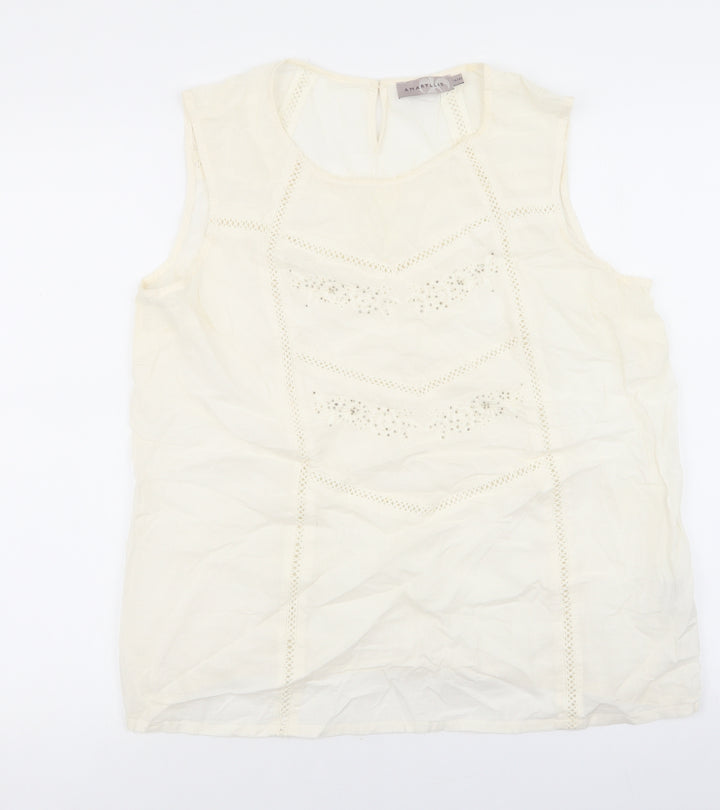 Amaryllis Womens Ivory 100% Cotton Basic Tank Size 14 Round Neck - Embroidery anglaise, sequins