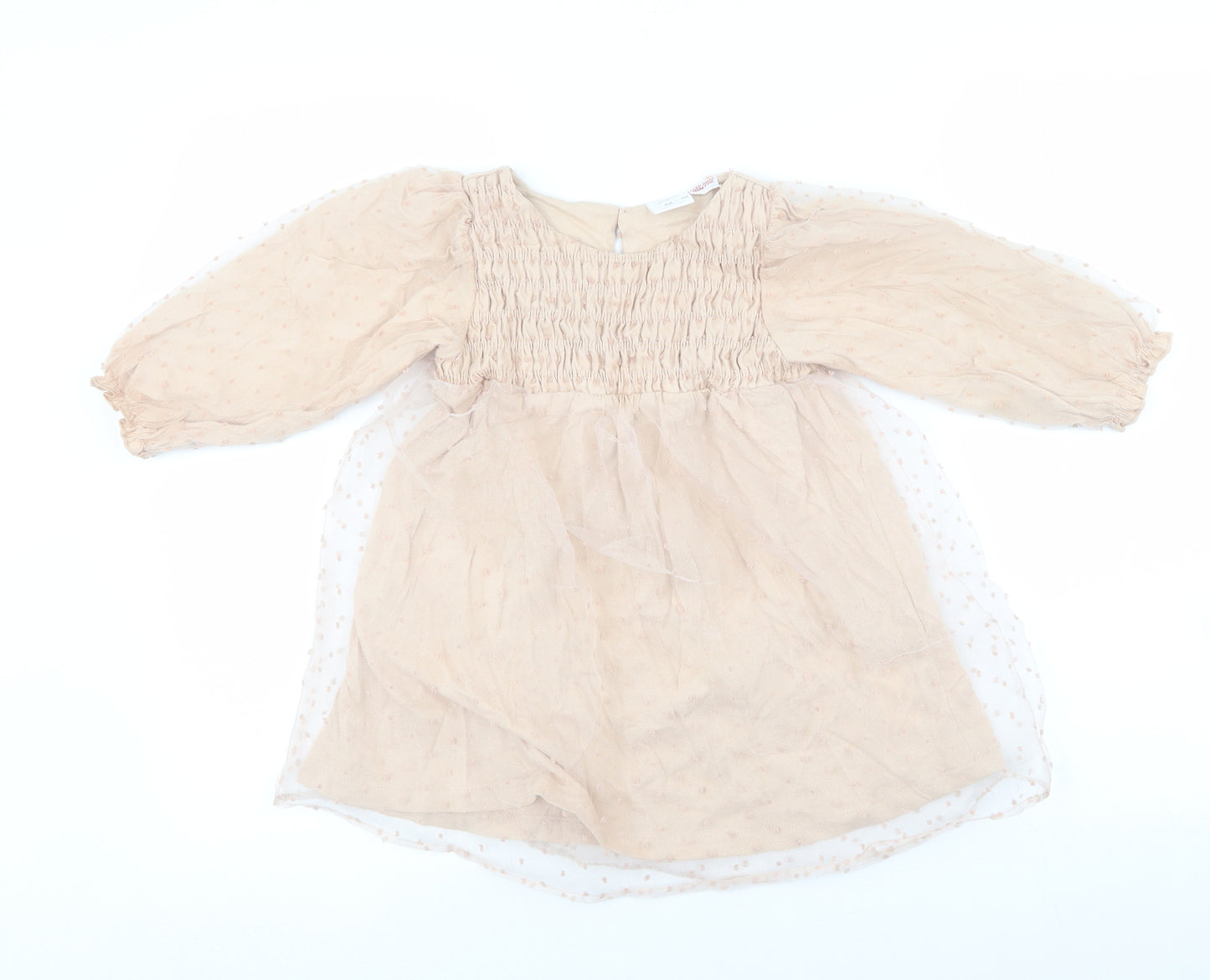 Zara Girls Beige 100% Cotton Skater Dress Size 3-4 Years Round Neck Pullover - Mesh polka dot, ruched chest