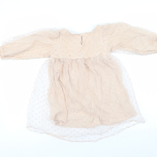 Zara Girls Beige 100% Cotton Skater Dress Size 3-4 Years Round Neck Pullover - Mesh polka dot, ruched chest
