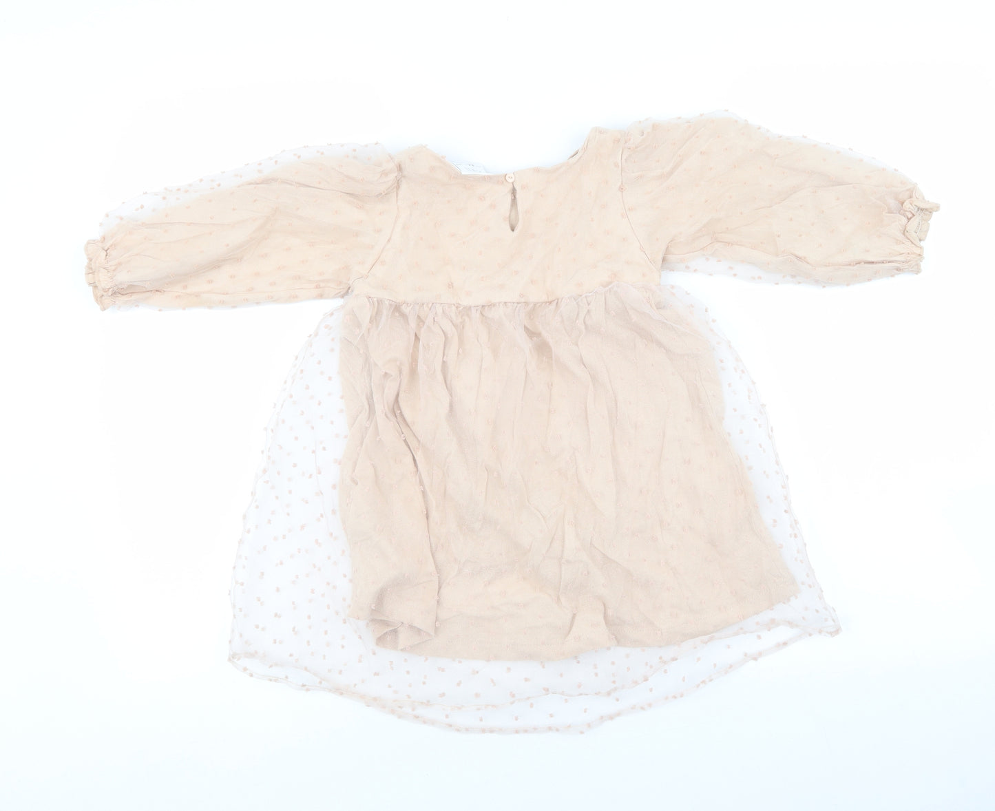 Zara Girls Beige 100% Cotton Skater Dress Size 3-4 Years Round Neck Pullover - Mesh polka dot, ruched chest