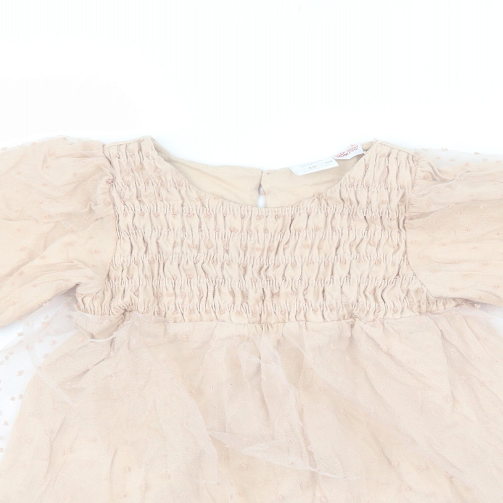 Zara Girls Beige 100% Cotton Skater Dress Size 3-4 Years Round Neck Pullover - Mesh polka dot, ruched chest