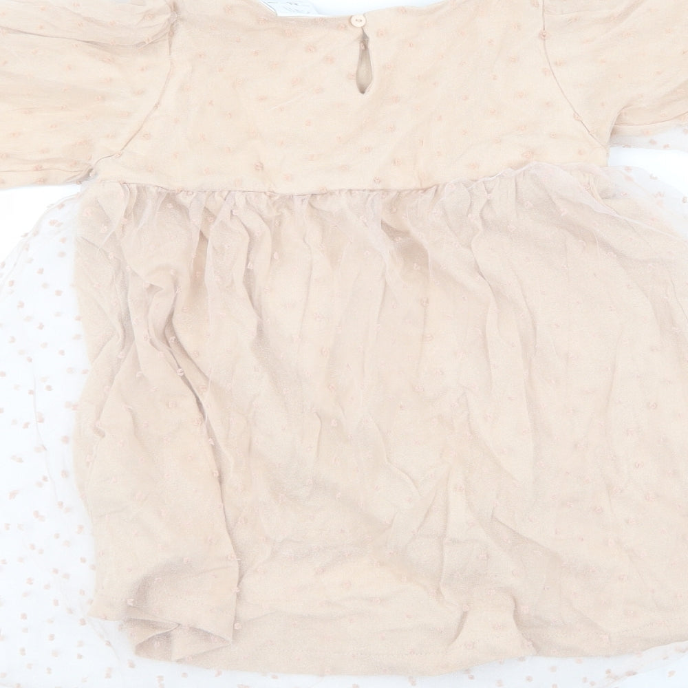 Zara Girls Beige 100% Cotton Skater Dress Size 3-4 Years Round Neck Pullover - Mesh polka dot, ruched chest