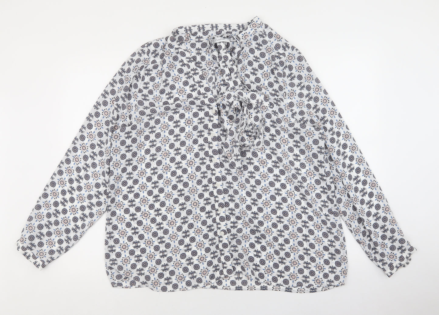 Marks and Spencer Womens White Geometric Polyester Basic Blouse Size 20 V-Neck - Tie Neck