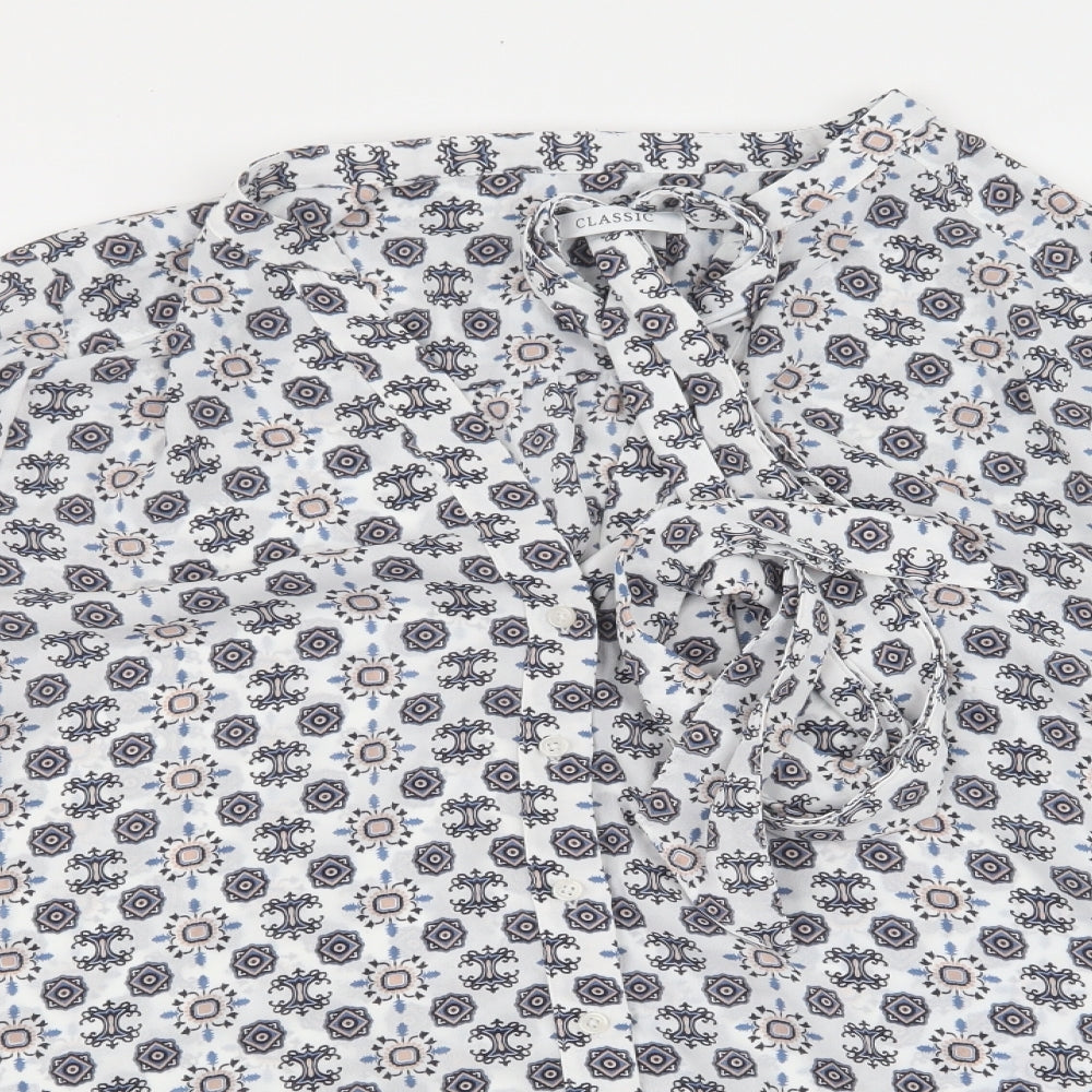 Marks and Spencer Womens White Geometric Polyester Basic Blouse Size 20 V-Neck - Tie Neck