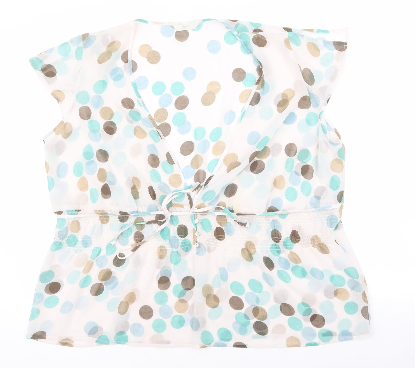 Marks and Spencer Womens Beige Polka Dot Polyester Basic Blouse Size 24 V-Neck - Blue, brown, green. Tie front. Slit sleeves