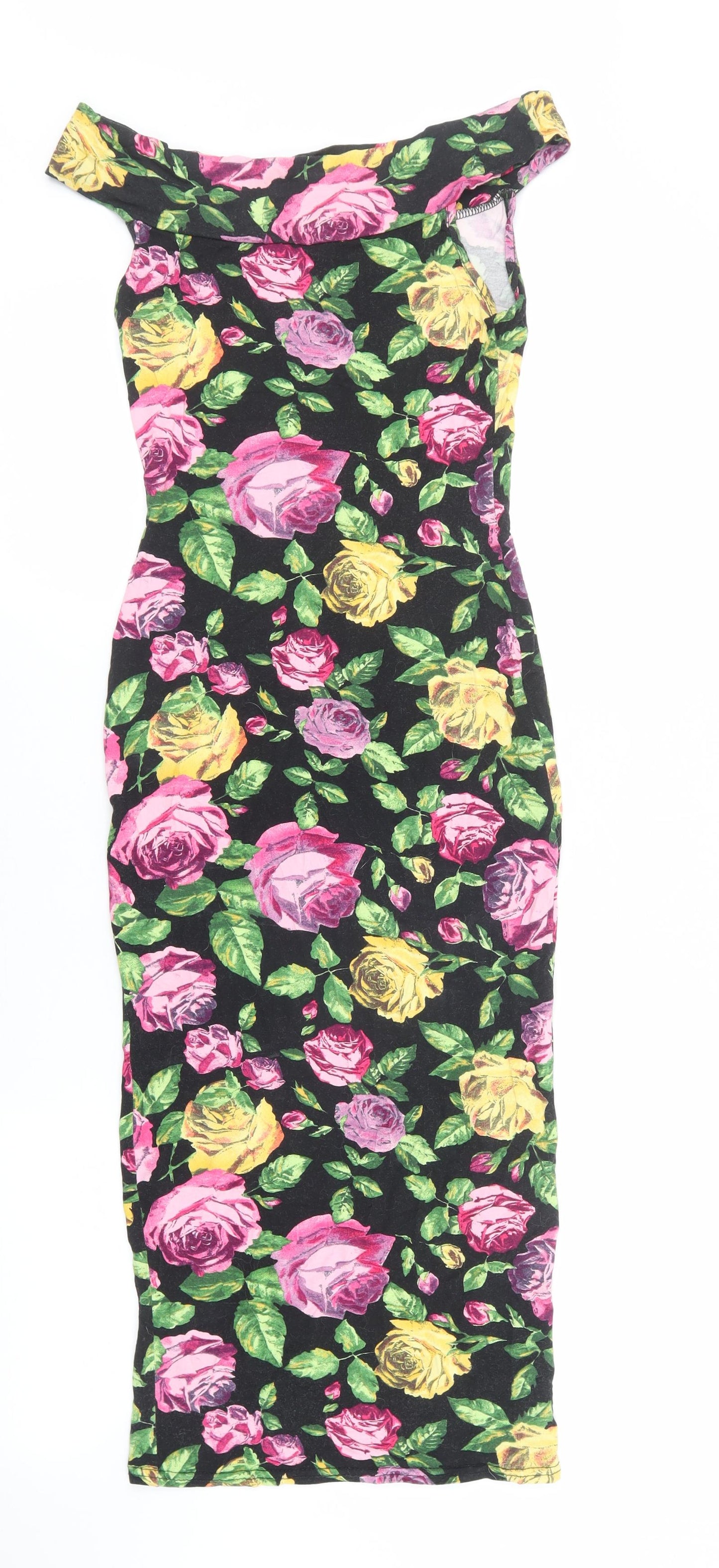 New Look Womens Black Floral Elastane Bodycon Size 8 Off the Shoulder Pullover - Stretch waistband