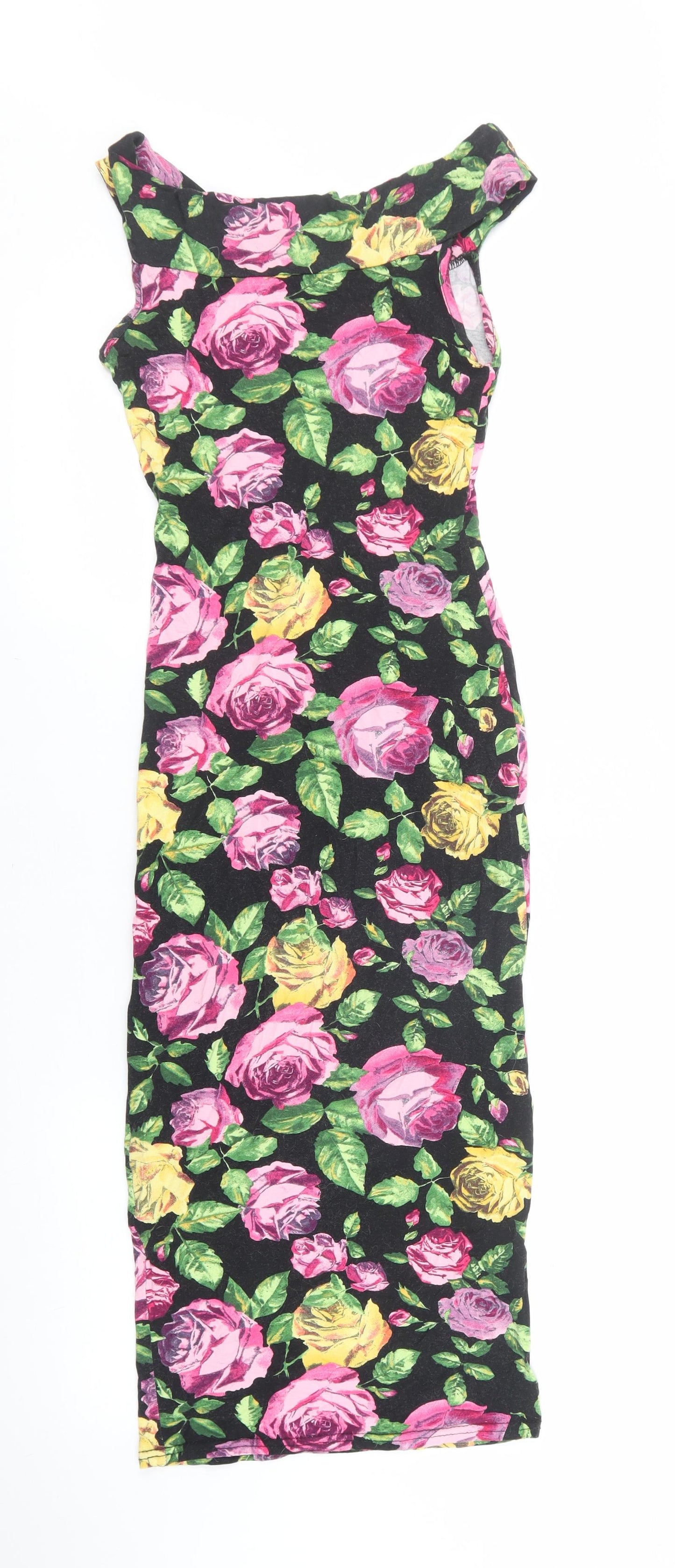 New Look Womens Black Floral Elastane Bodycon Size 8 Off the Shoulder Pullover - Stretch waistband