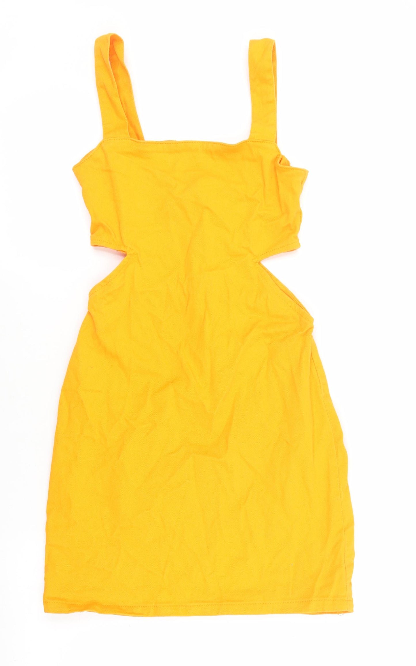 Denim & Co. Womens Orange Cotton Pinafore/Dungaree Dress Size 4 Square Neck Zip - Cut out detail.