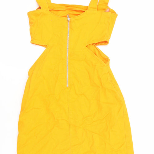 Denim & Co. Womens Orange Cotton Pinafore/Dungaree Dress Size 4 Square Neck Zip - Cut out detail.