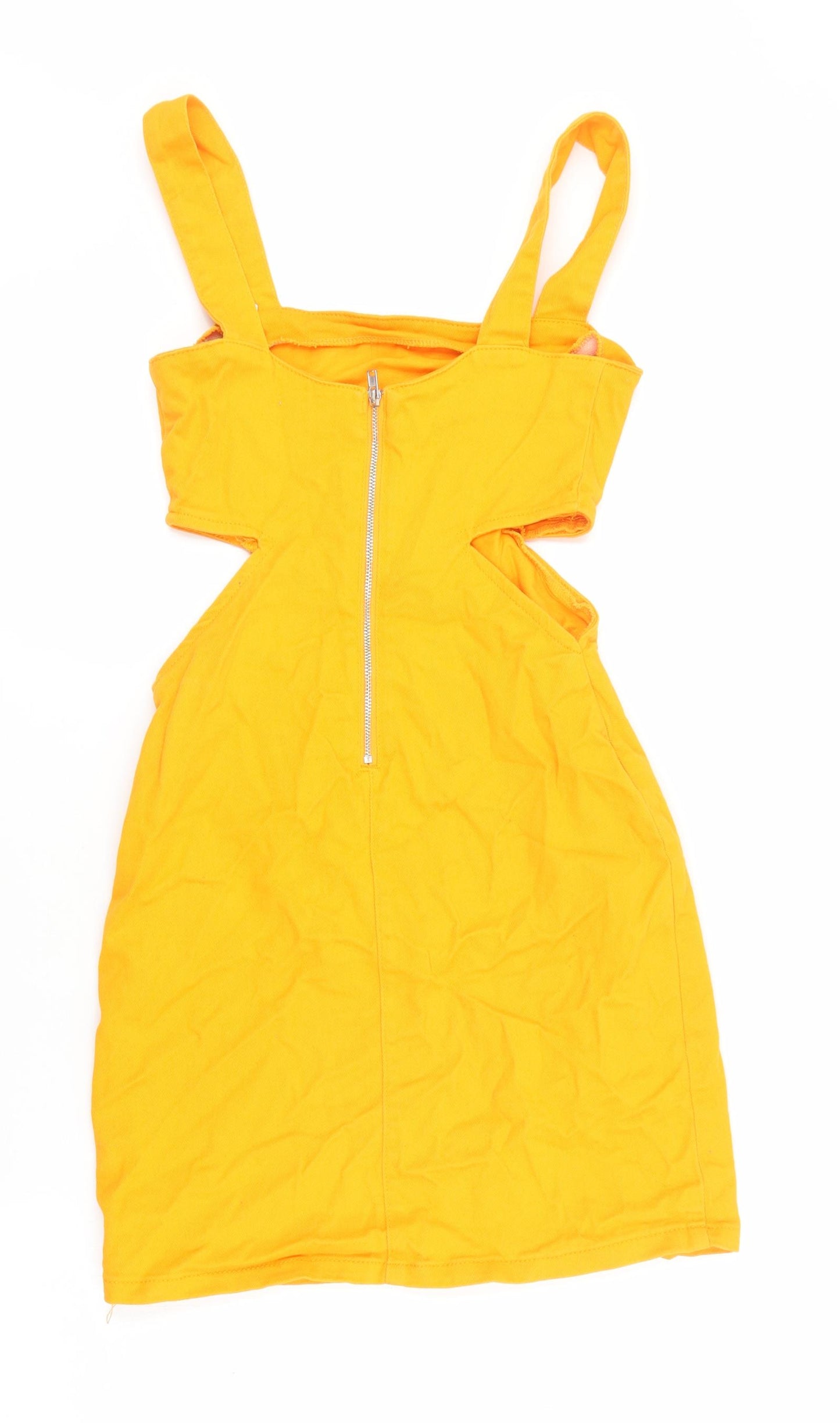 Denim & Co. Womens Orange Cotton Pinafore/Dungaree Dress Size 4 Square Neck Zip - Cut out detail.