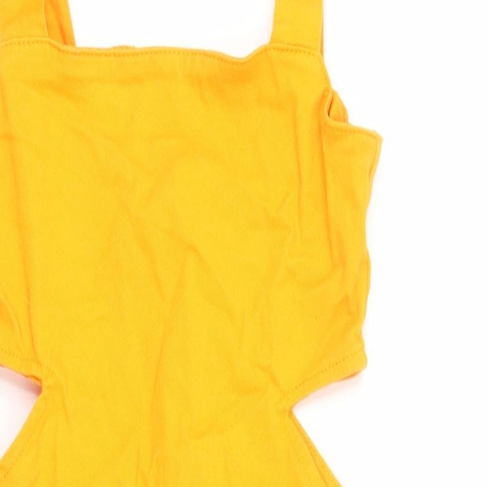 Denim & Co. Womens Orange Cotton Pinafore/Dungaree Dress Size 4 Square Neck Zip - Cut out detail.