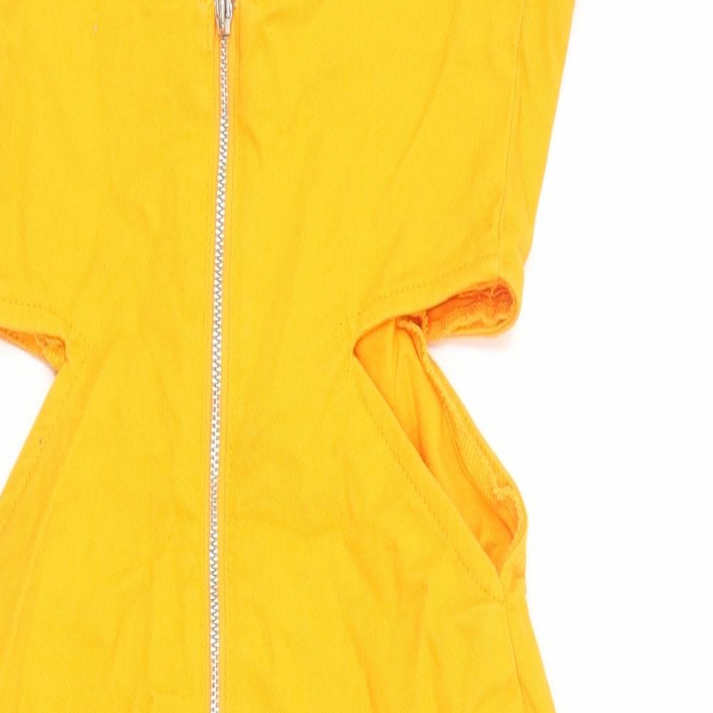 Denim & Co. Womens Orange Cotton Pinafore/Dungaree Dress Size 4 Square Neck Zip - Cut out detail.