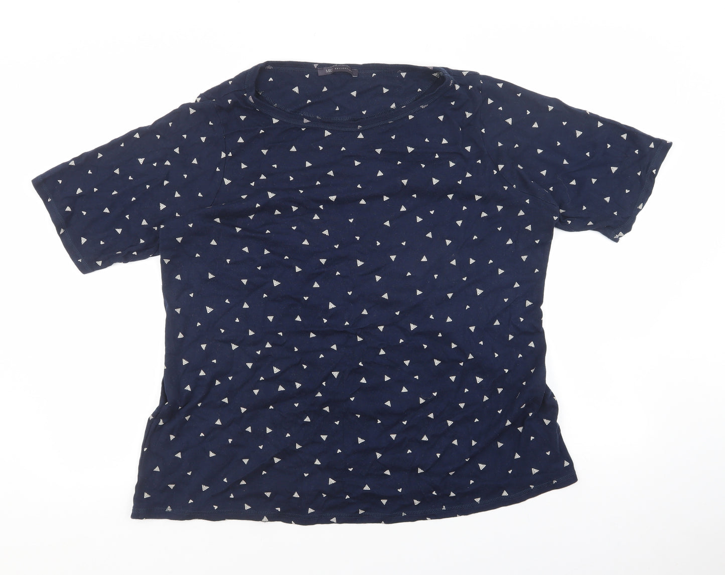 Marks and Spencer Womens Blue Geometric 100% Cotton Basic T-Shirt Size 24 Round Neck - Gold detail