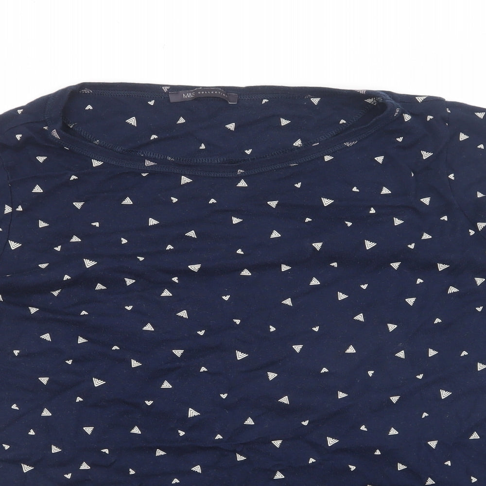 Marks and Spencer Womens Blue Geometric 100% Cotton Basic T-Shirt Size 24 Round Neck - Gold detail