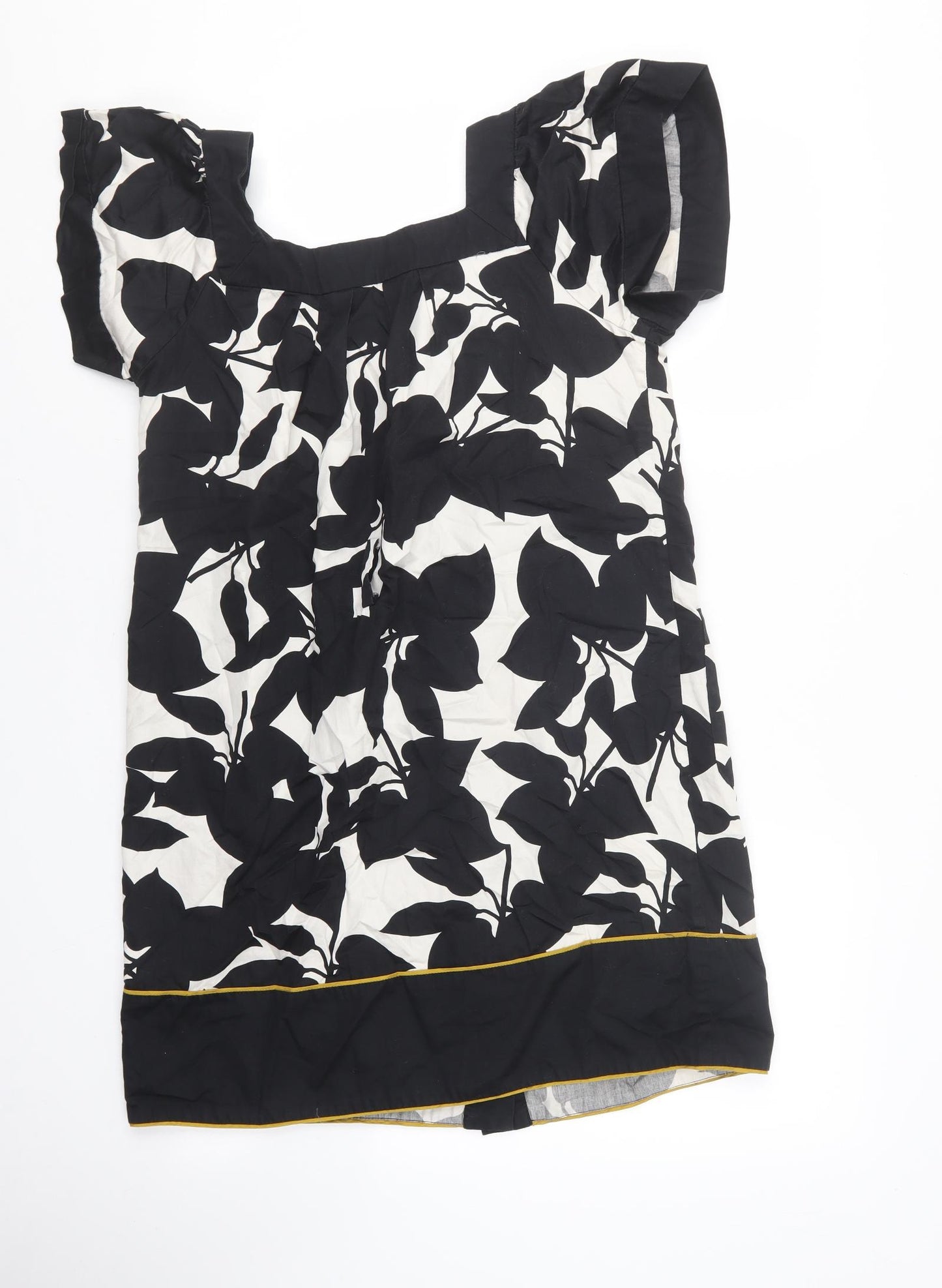 French Connection Womens Black Floral 100% Cotton Shirt Dress Size 8 Square Neck Button - Mustard hem on the bottom