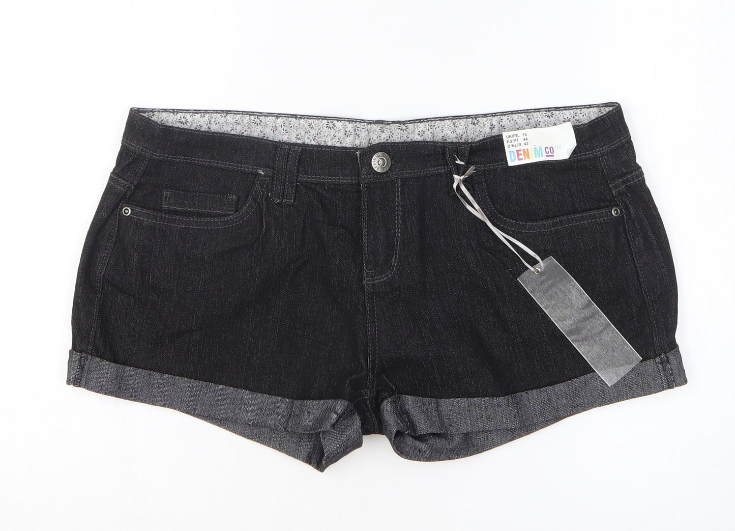 Denim & Co. Womens Black Cotton Hot Pants Shorts Size 16 L3 in Regular Zip