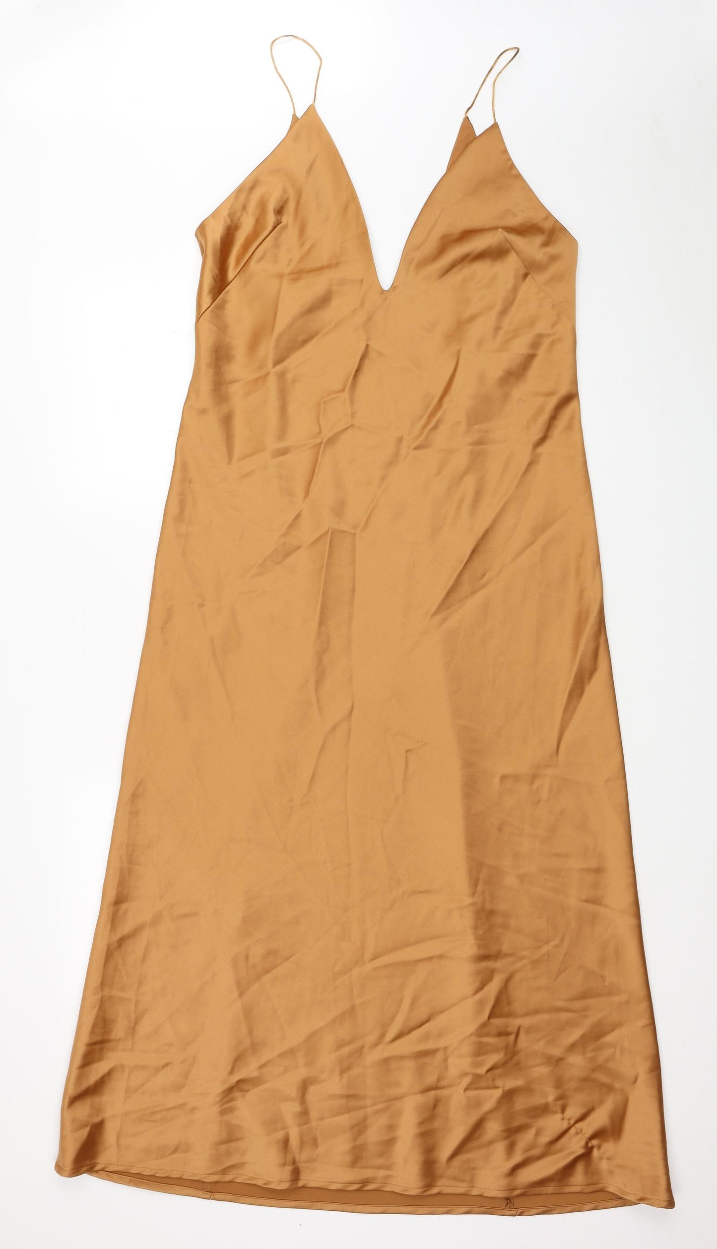 Zara Womens Brown Polyester Slip Dress Size XL V-Neck Zip