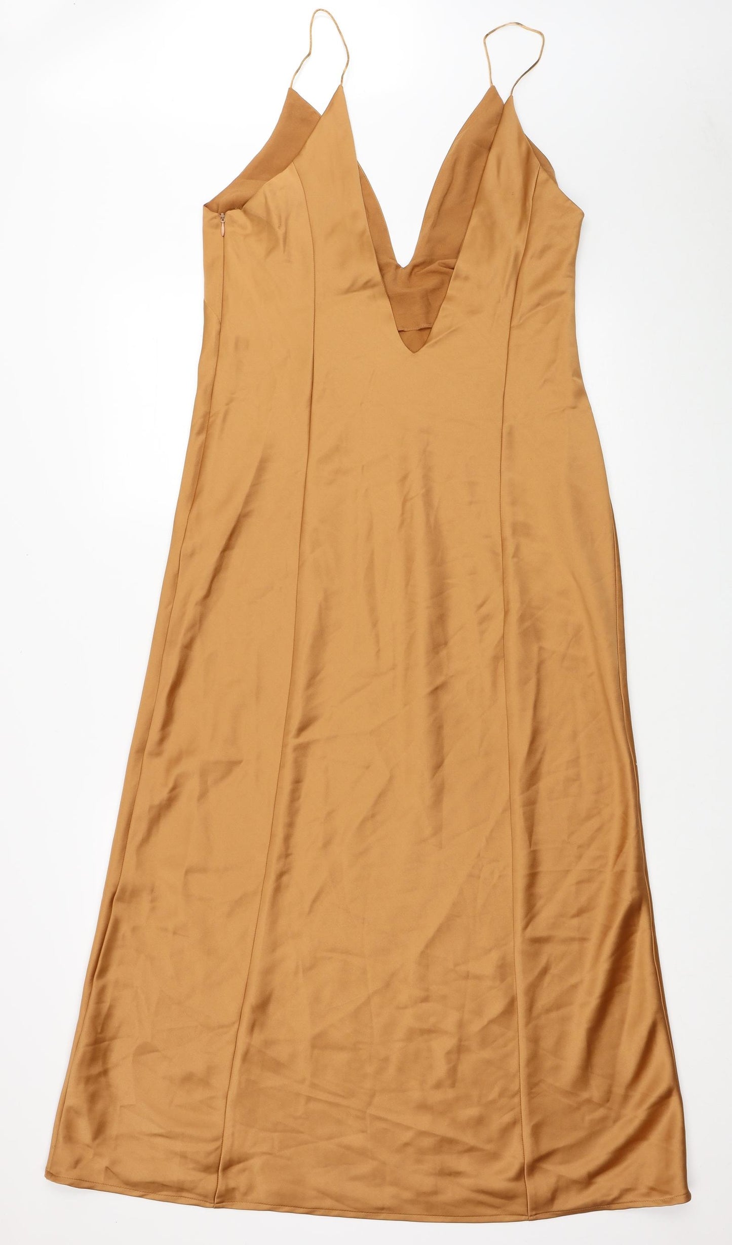 Zara Womens Brown Polyester Slip Dress Size XL V-Neck Zip