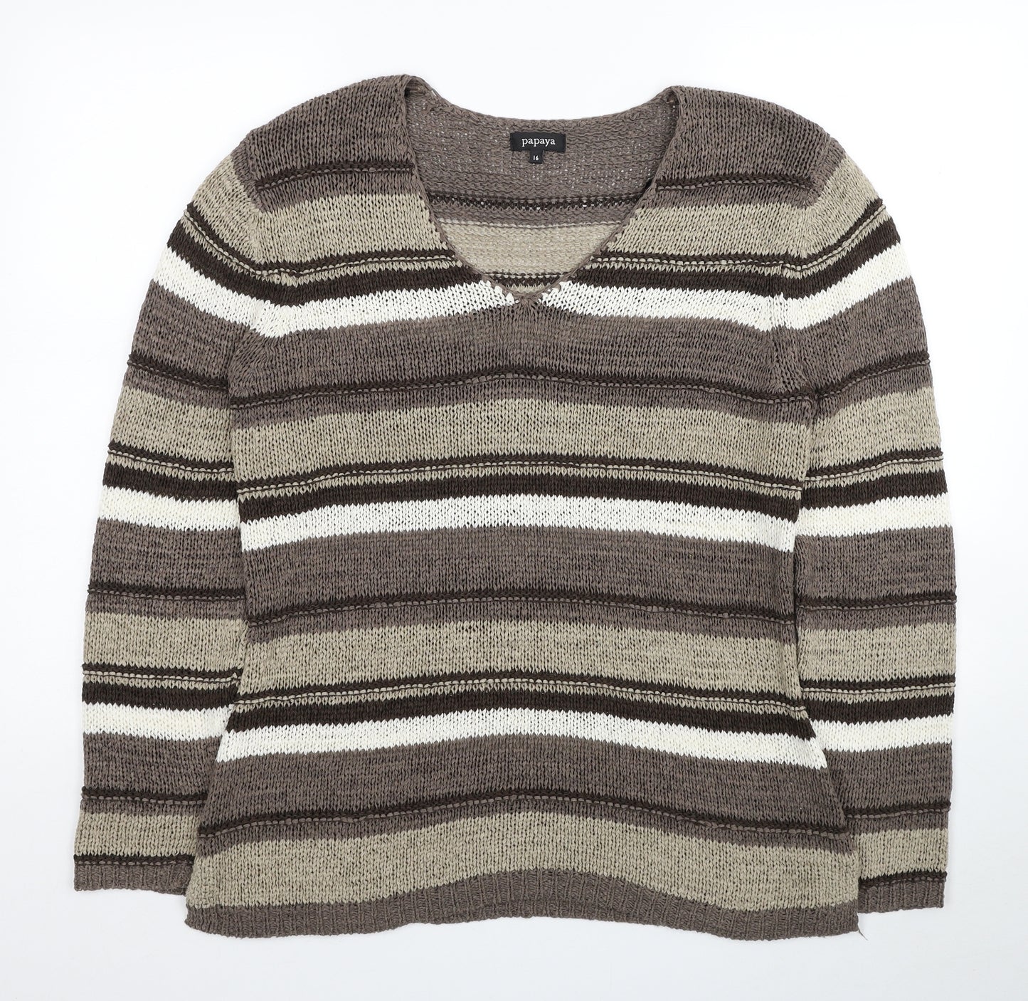 Papaya Womens Beige V-Neck Striped Acrylic Pullover Jumper Size 16