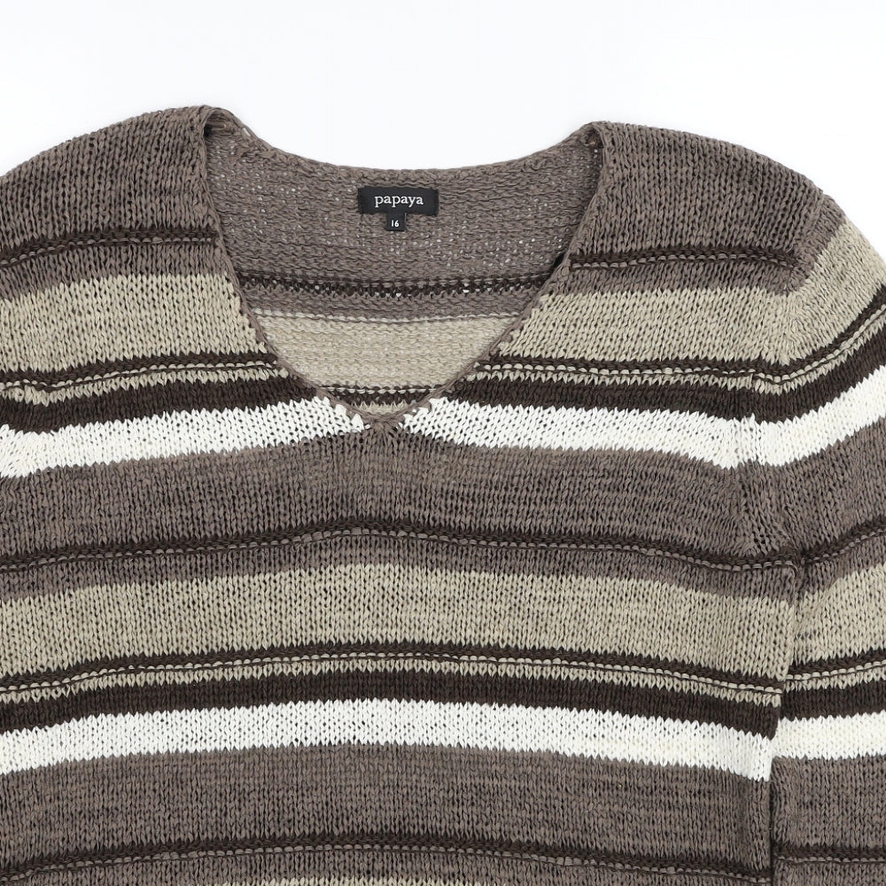 Papaya Womens Beige V-Neck Striped Acrylic Pullover Jumper Size 16