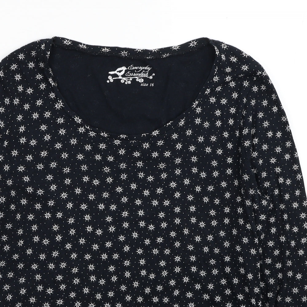 BHS Womens Blue Floral Cotton Basic T-Shirt Size 16 Scoop Neck
