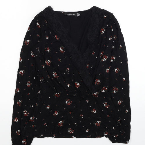 Boohoo Womens Black Fair Isle Polyester Basic Blouse Size 6 V-Neck - Lace Detail