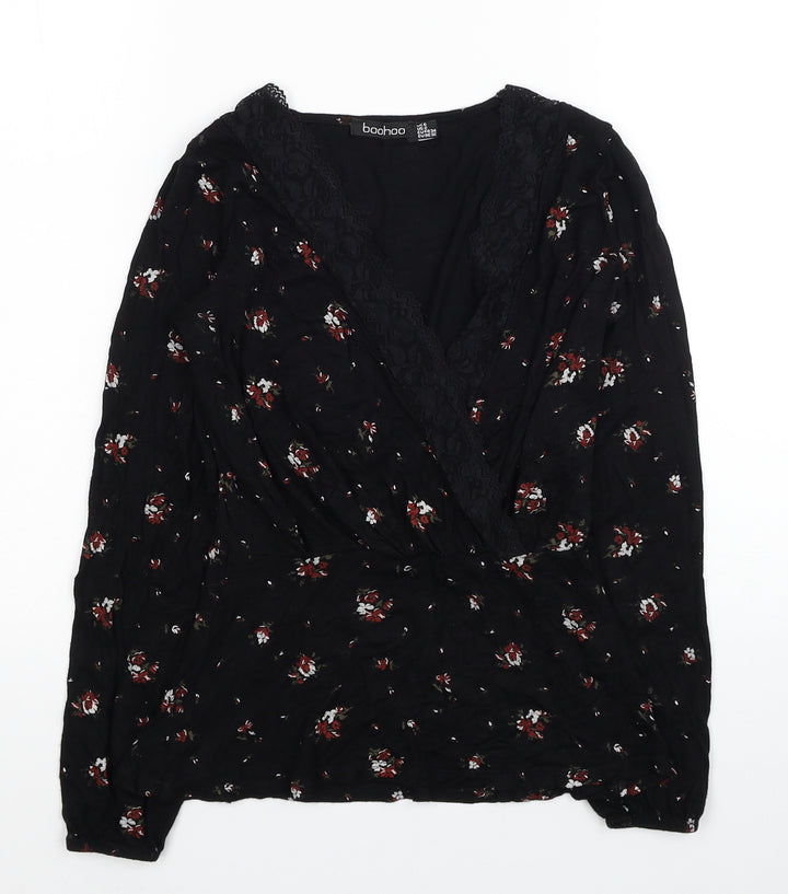 Boohoo Womens Black Fair Isle Polyester Basic Blouse Size 6 V-Neck - Lace Detail