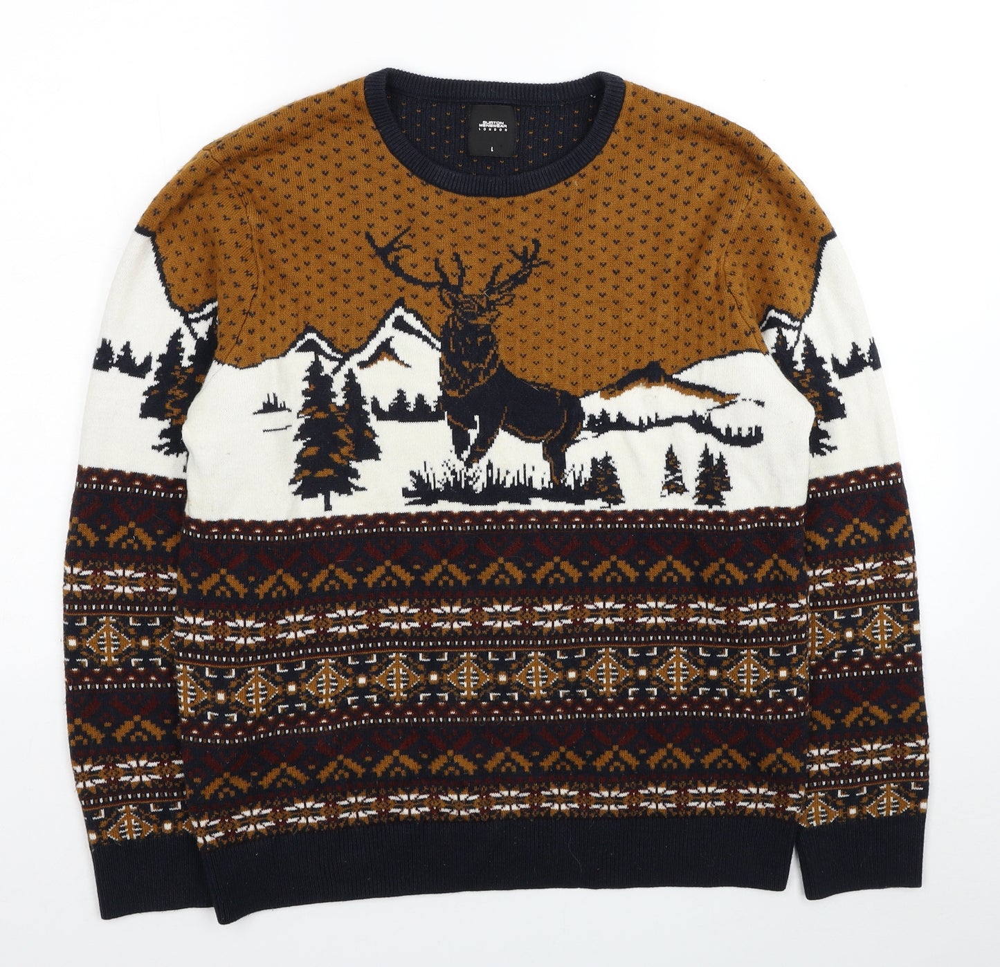 Burton Mens Multicoloured Round Neck Fair Isle Acrylic Pullover Jumper Size L - Christmas Pattern