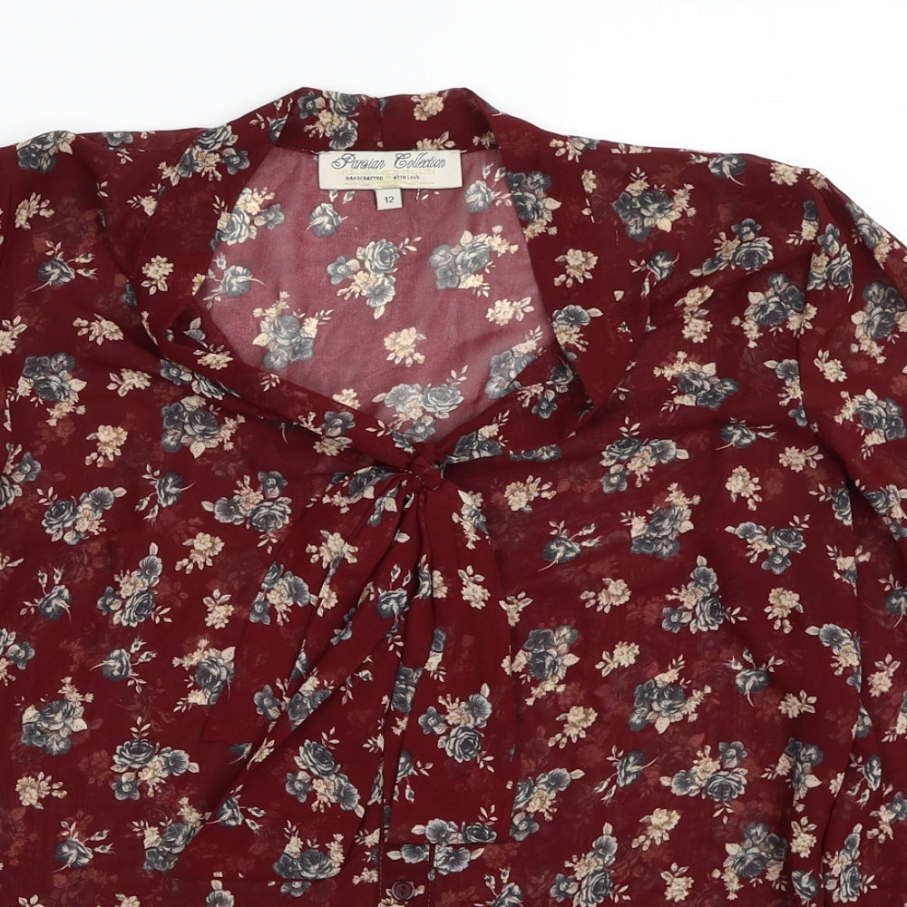 Persian Collection Womens Red Floral Polyester Basic Blouse Size 12 V-Neck