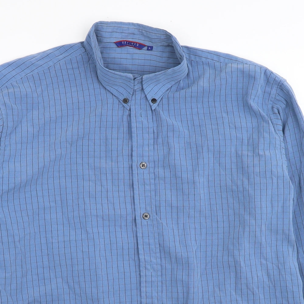 Refind Mens Blue Striped Cotton Button-Up Size L Collared Button