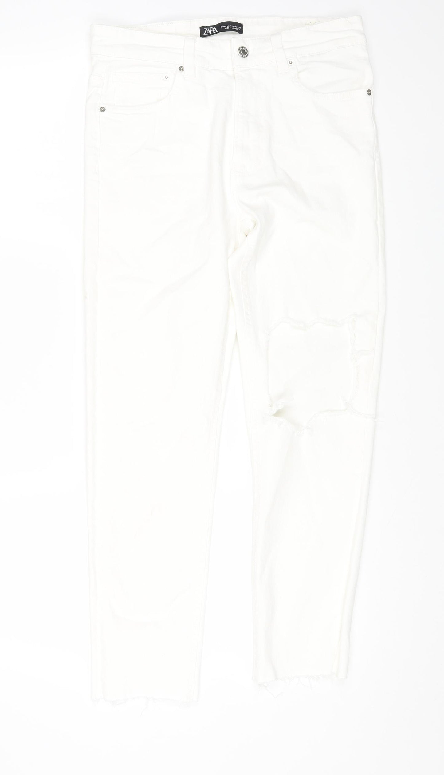 Zara Womens White Cotton Straight Jeans Size 12 L25 in Regular Zip