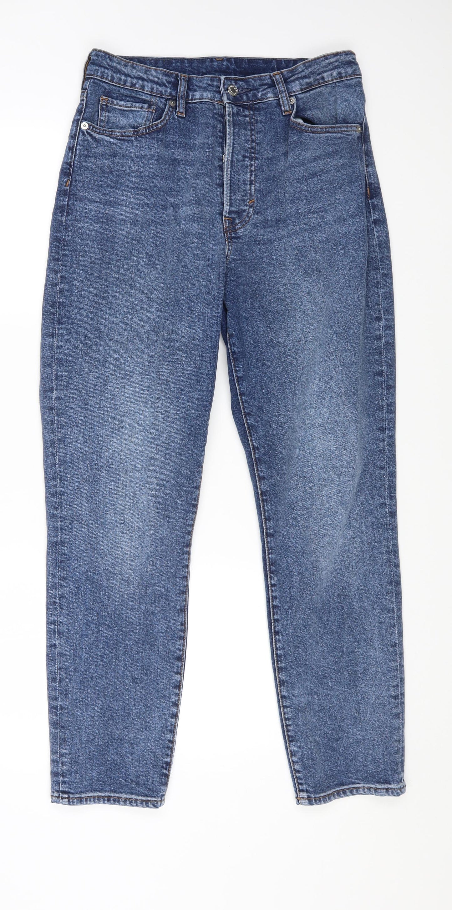 H&M Womens Blue Cotton Tapered Jeans Size 12 L26 in Regular Button