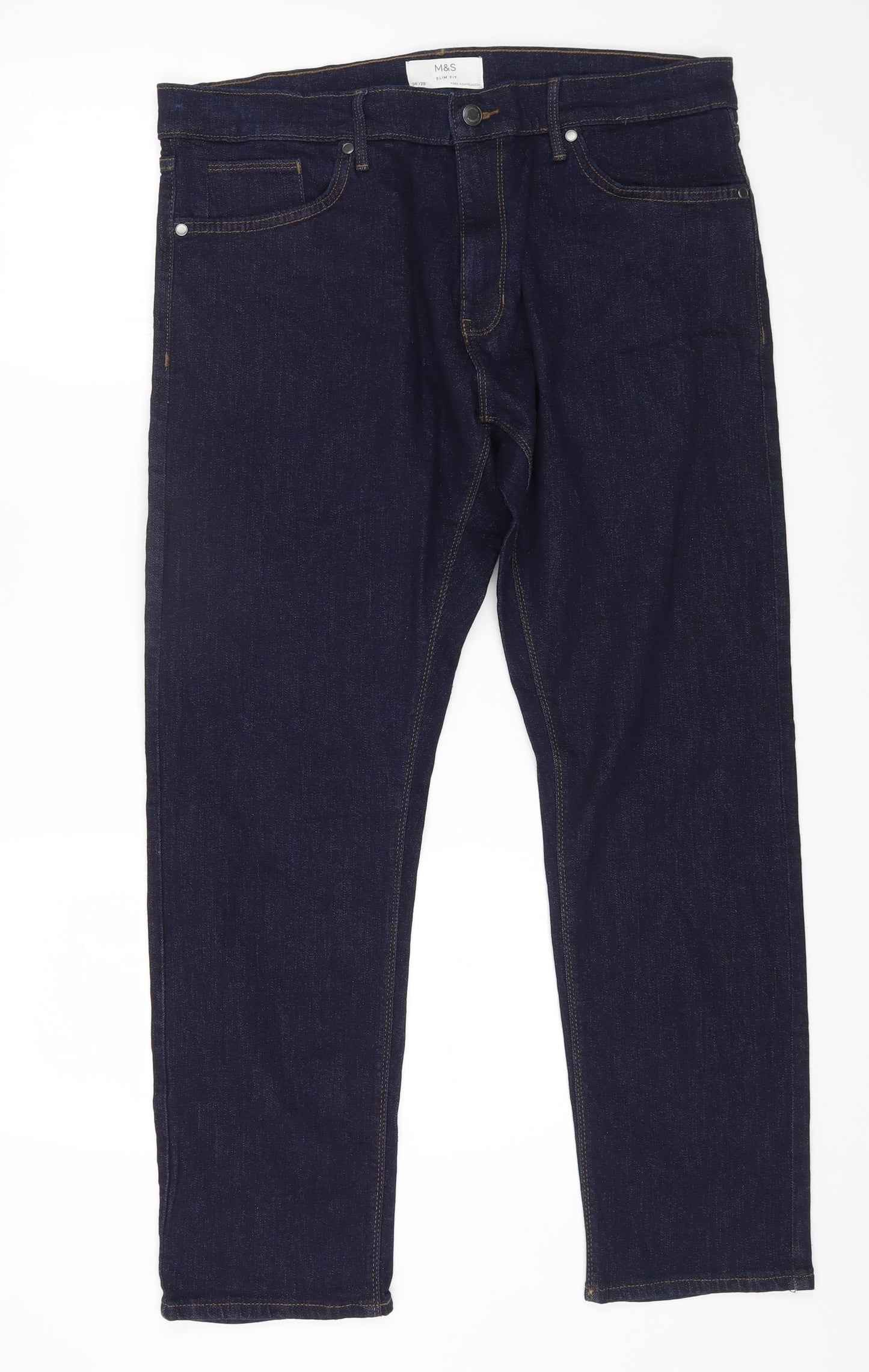 Marks and Spencer Mens Blue Cotton Straight Jeans Size 36 in L29 in Regular Button