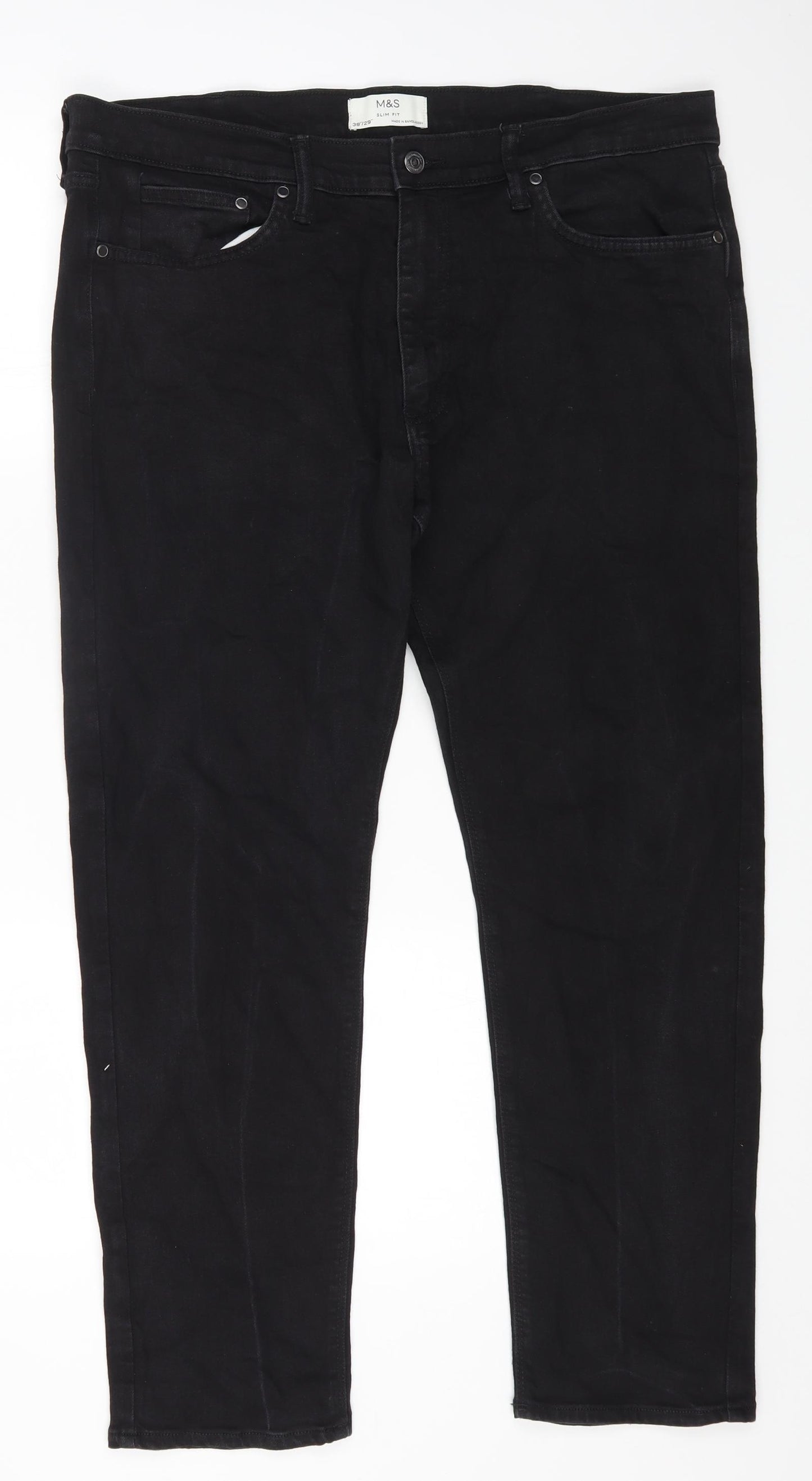 Marks and Spencer Mens Black Cotton Straight Jeans Size 38 in L29 in Regular Zip