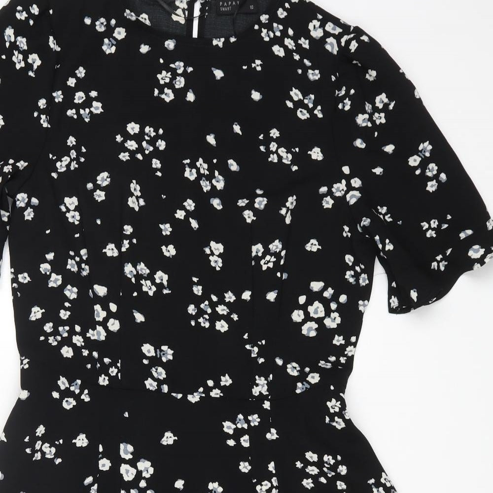 Papaya Womens Black Floral Polyester A-Line Size 10 Round Neck Zip