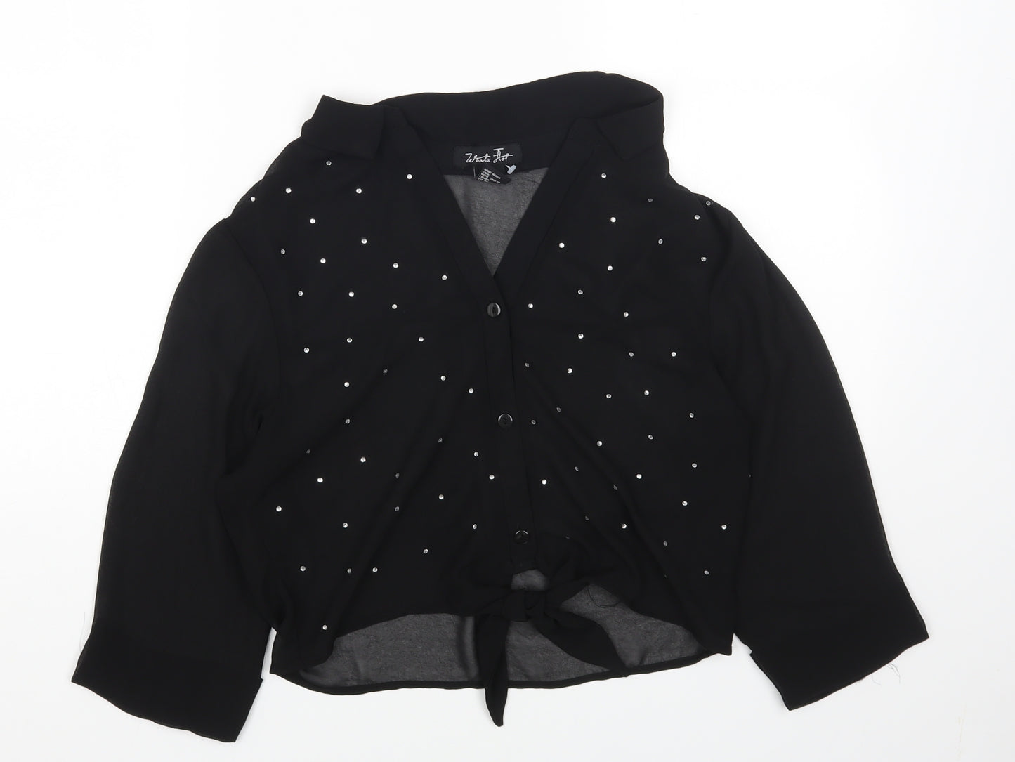 Preworn Womens Black Polyester Cropped Blouse Size L Collared - Knot Front