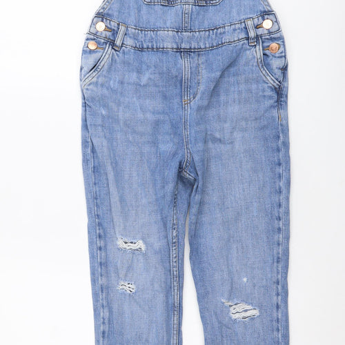 Marks and Spencer Girls Blue Cotton Dungarees Trousers Size 10-11 Years Regular Buckle - Distressed Look
