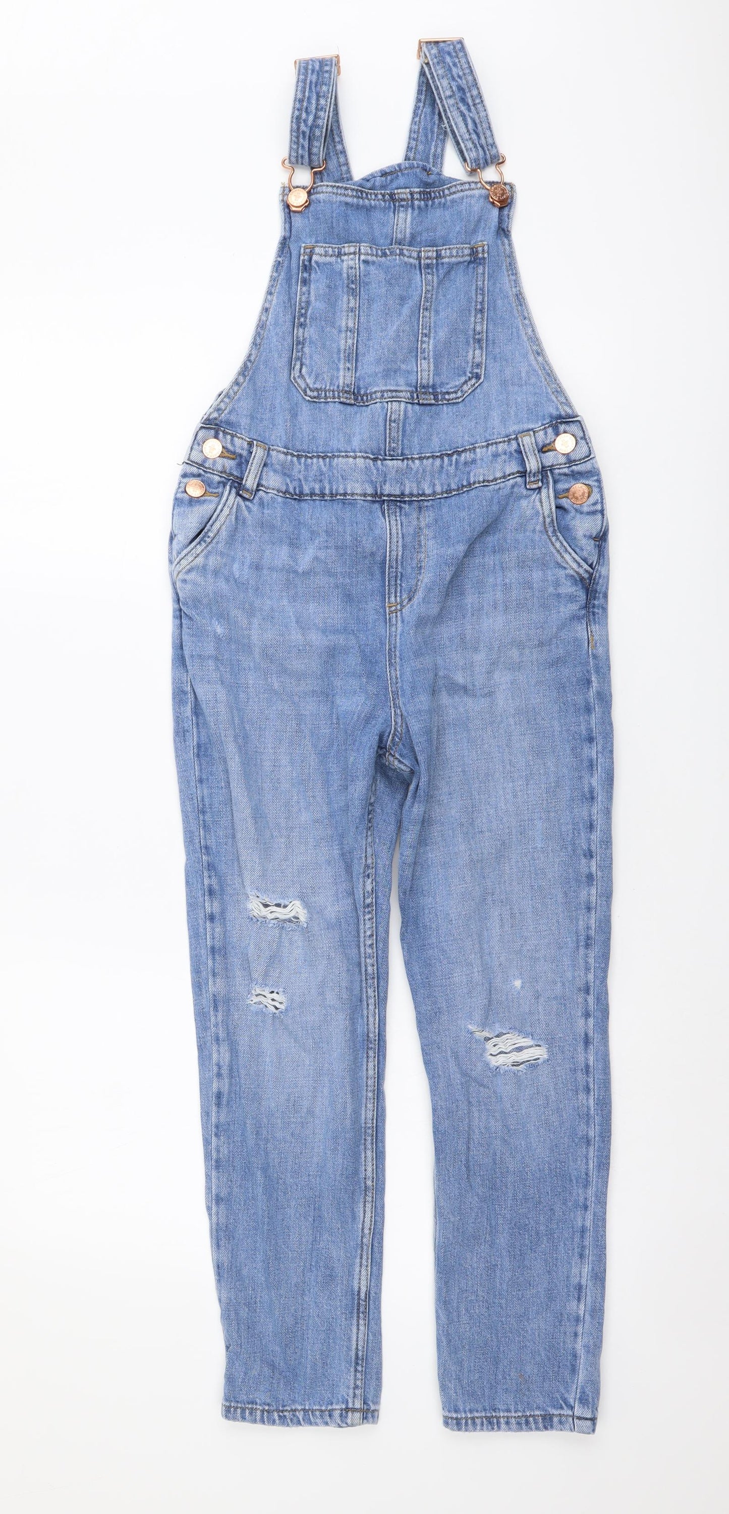 Marks and Spencer Girls Blue Cotton Dungarees Trousers Size 10-11 Years Regular Buckle - Distressed Look