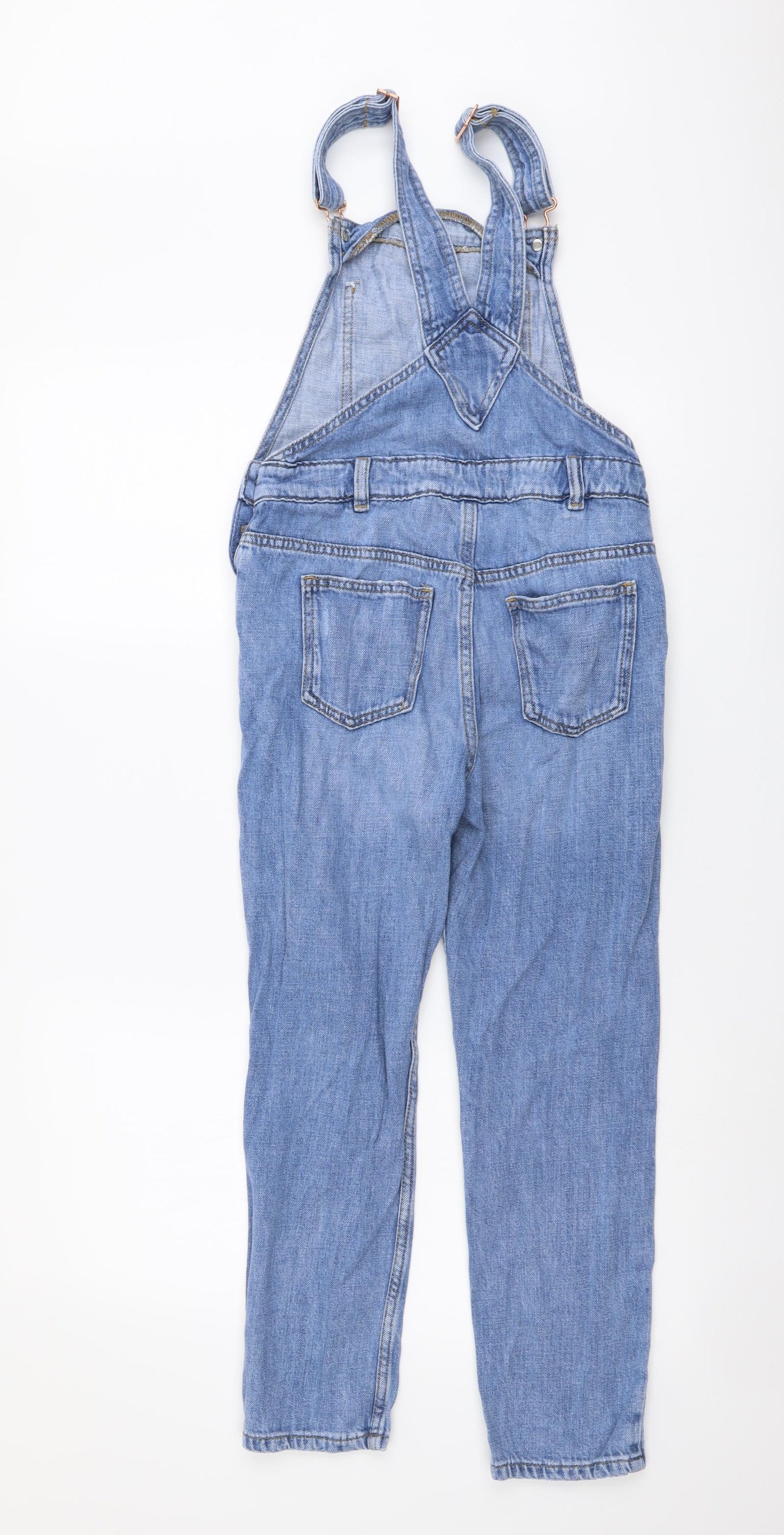 Marks and Spencer Girls Blue Cotton Dungarees Trousers Size 10-11 Years Regular Buckle - Distressed Look