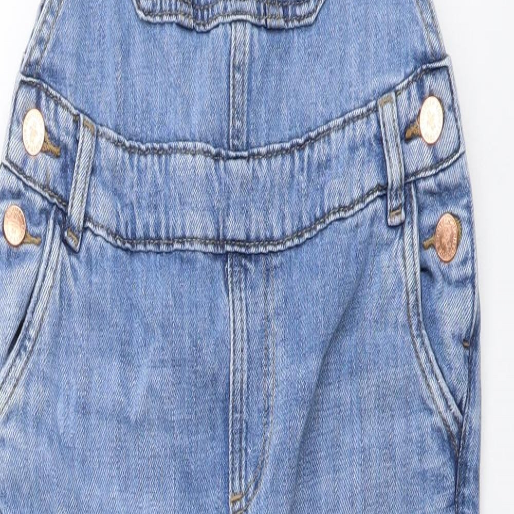 Marks and Spencer Girls Blue Cotton Dungarees Trousers Size 10-11 Years Regular Buckle - Distressed Look