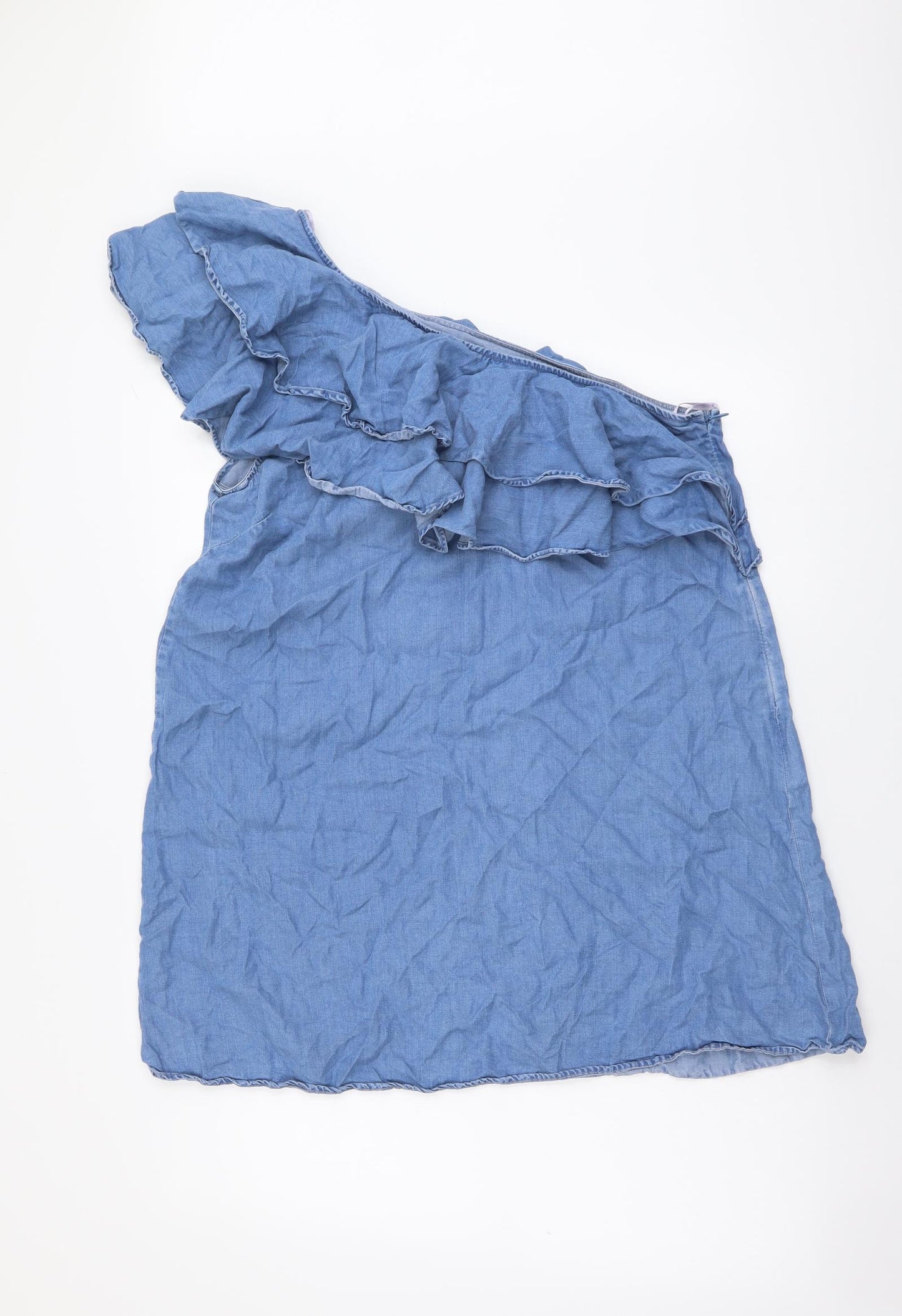 Zara Womens Blue Cotton Mini Size L One Shoulder Zip
