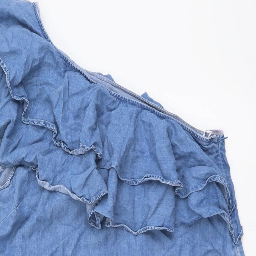Zara Womens Blue Cotton Mini Size L One Shoulder Zip