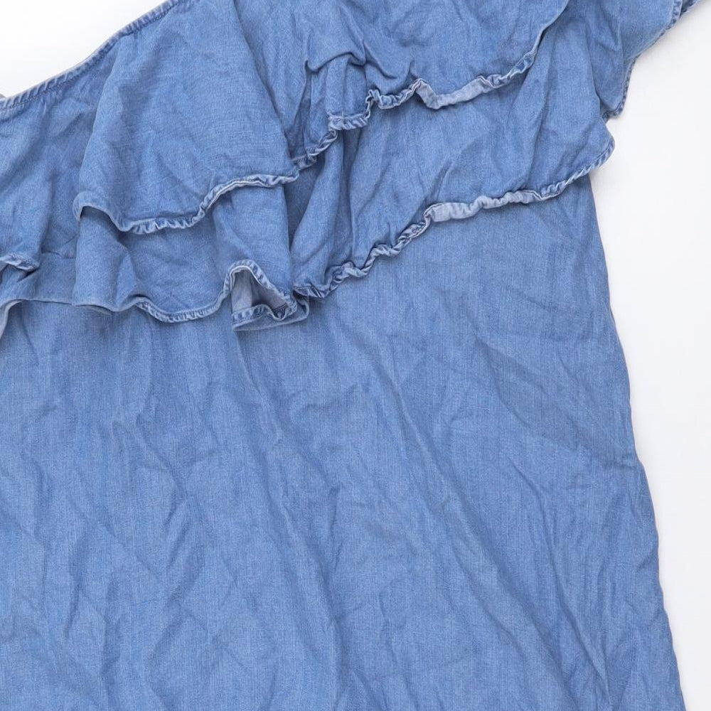 Zara Womens Blue Cotton Mini Size L One Shoulder Zip